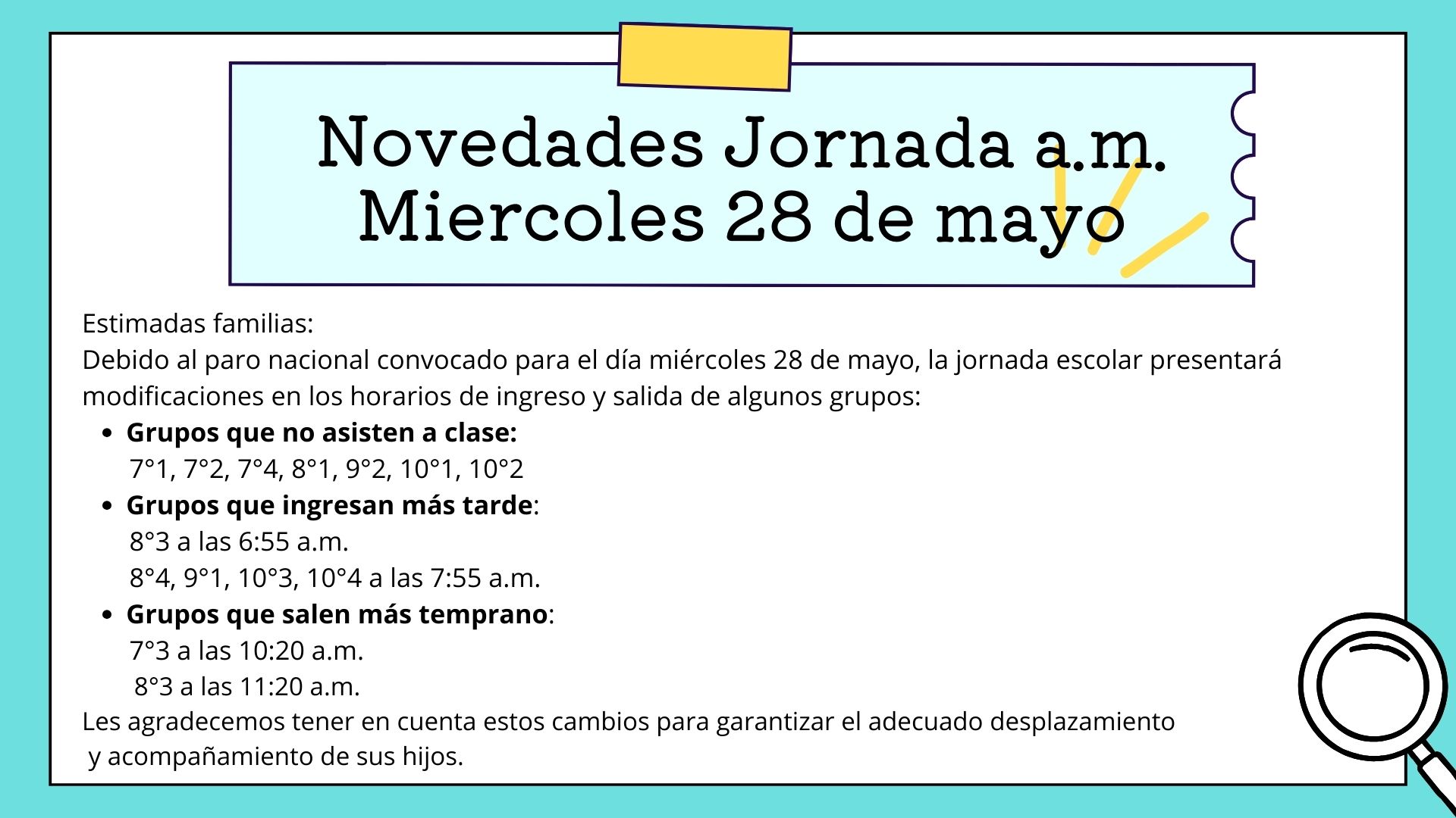 Novedades jornada AM, miercoles 28 de mayo